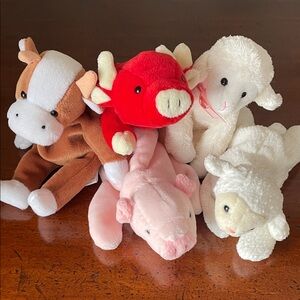 Beanie Babies Farm Animals - Pig, Cow, Bull, Sheep